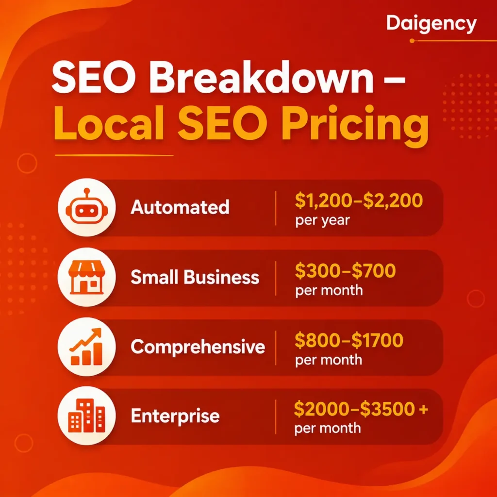 Local SEO pricing breakdown showing automated, small business, comprehensive, and enterprise SEO service costs.