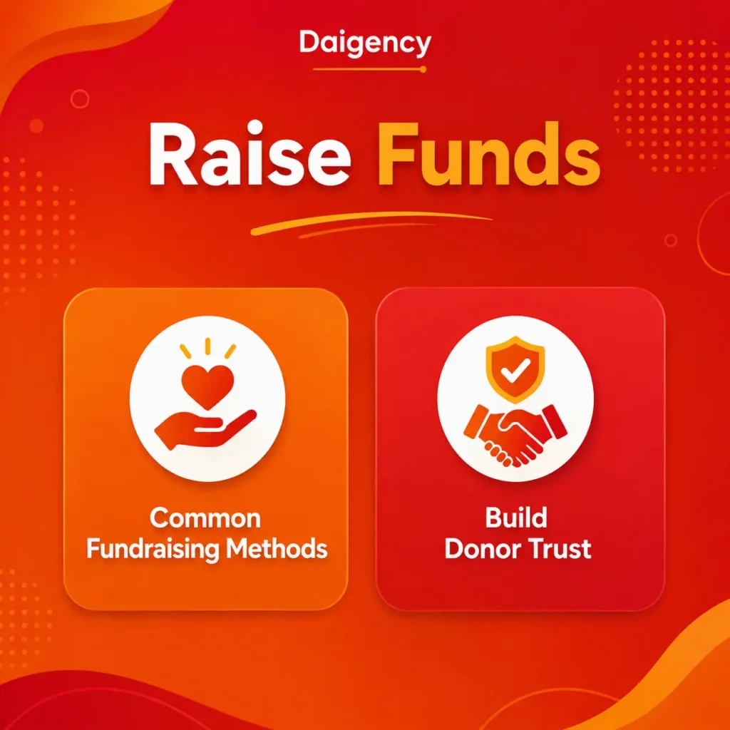 Raise Funds infographic highlighting common fundraising methods and ways to build donor trust.
