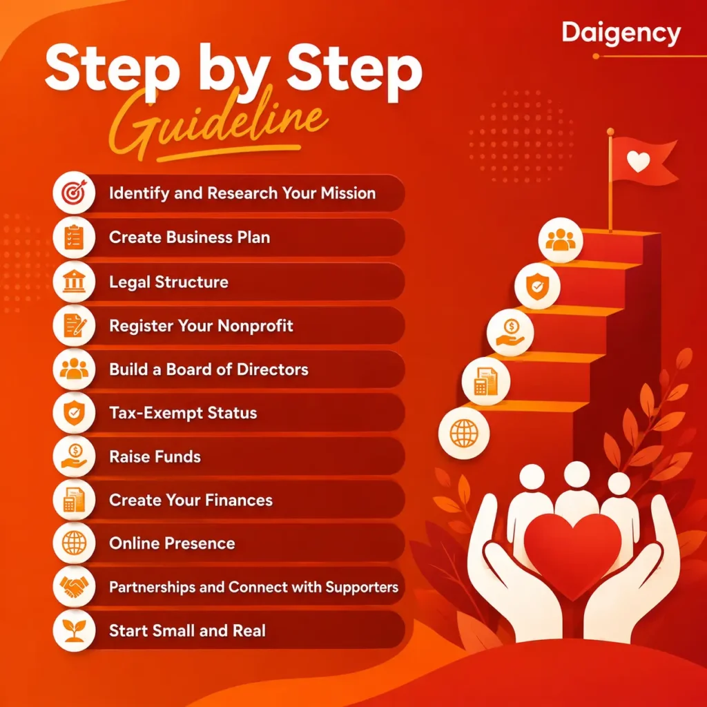Step-by-step nonprofit organization guide covering mission research, business planning, legal structure, registration, board formation, tax-exempt status, fundraising, finances, online presence, partnerships, and starting small.