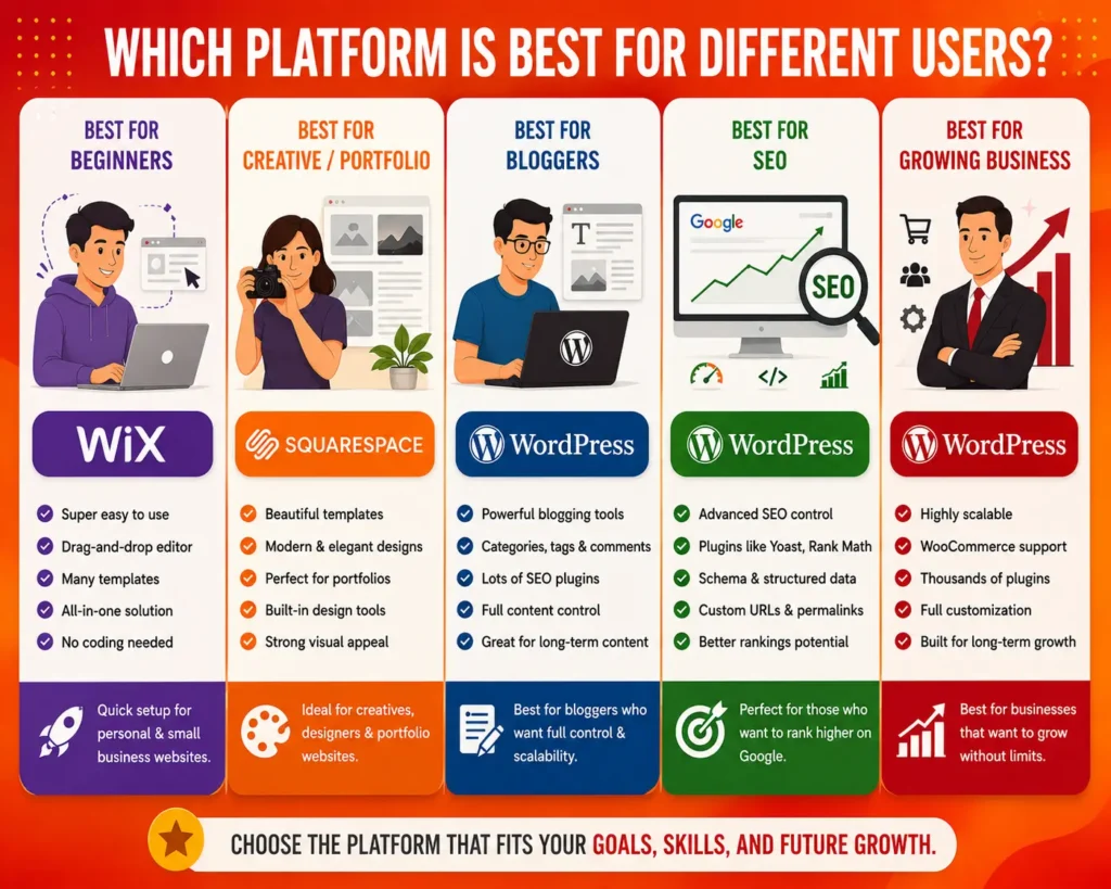 Best website platform for beginners, creatives, bloggers, SEO, and growing businesses - Wix vs WordPress vs Squarespace: 2026 Breakdown