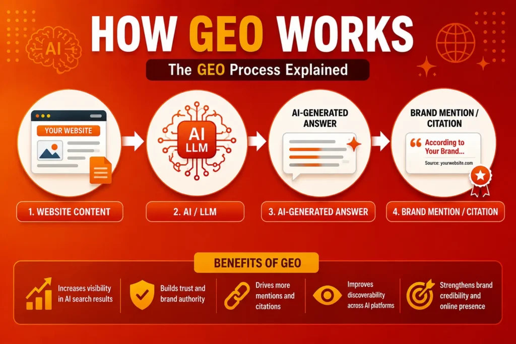 How GEO works from website content and AI models to AI-generated answers and brand citations - SEO, AEO, and GEO Explained in 2026