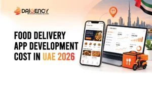 Food delivery app development cost in UAE 2026 banner featuring mobile and laptop screens- Food-Delivery-App-Development-Cost-In-UAE-2026