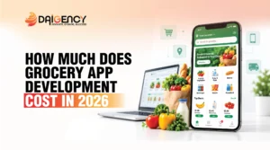Grocery app development cost in 2026 banner showing mobile screen and fresh groceries
