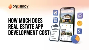 Real Estate App Development Cost graphic showing a smartphone UI, house icons, and financial symbols -Real-Estate-App-Development-Cost