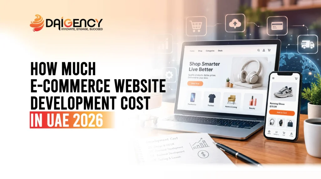 How much e-commerce website development cost in UAE 2026 featured banner showing laptop and mobile online store interface mockups- E-commerce Website Development Cost in UAE 2026