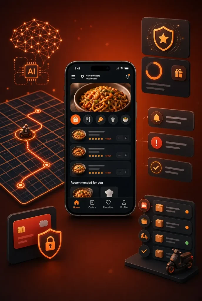 Modern smartphone with advanced food delivery app features including GPS tracking, secure payments, AI recommendations, loyalty programs, order management, notifications, and delivery dispatch on an orange and red gradient background- Food Delivery App Development Cost in USA (2026)