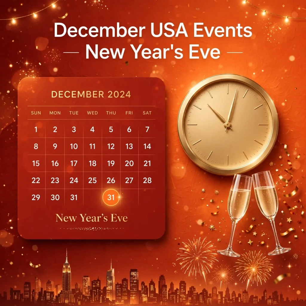 Celebratory sophisticated blog image for December USA Events New Year's Eve showing countdown clock approaching midnight, fireworks, confetti, champagne glasses and New York City skyline with calendar highlighting December 31 New Year's Eve in bold orange and red theme- USA Events List 2026