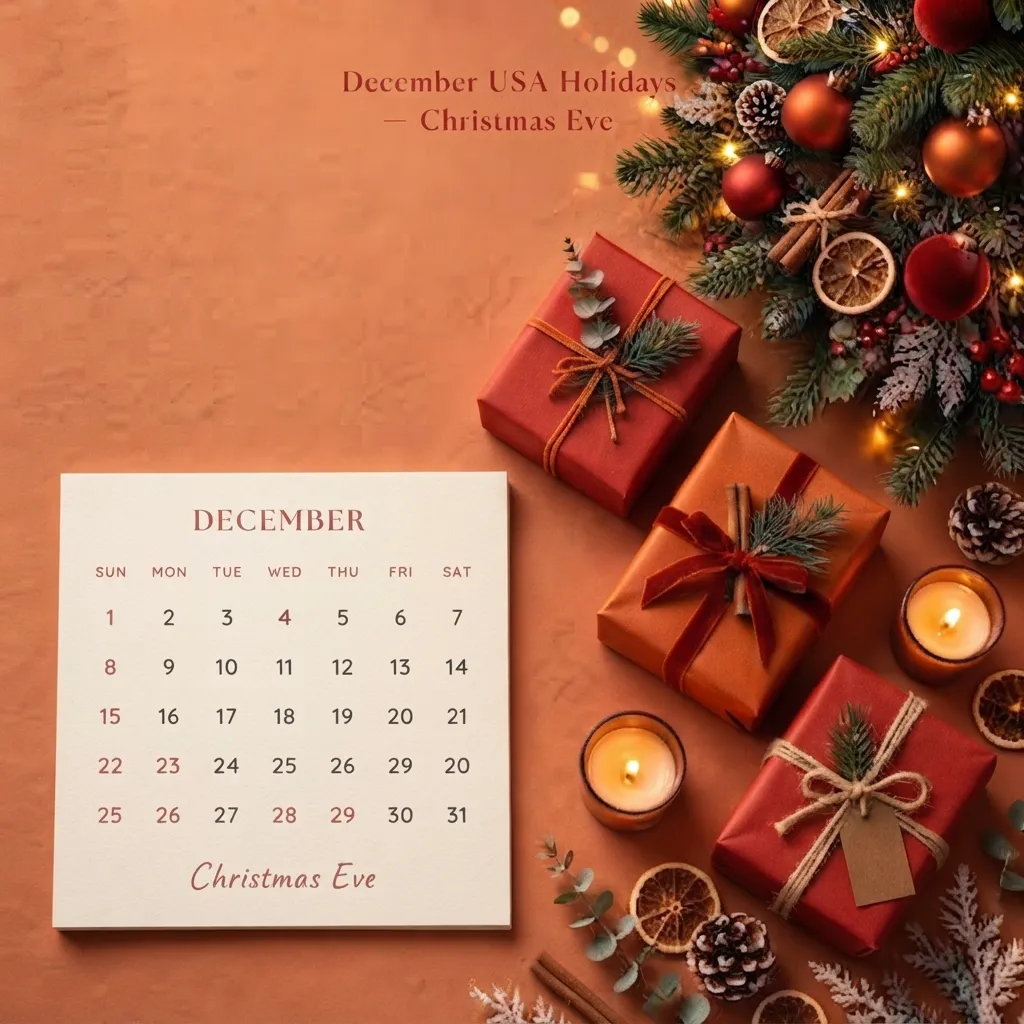 Elegant festive blog image for December USA Holidays Christmas Eve showing decorated Christmas tree with lights, wrapped gifts, ornaments and winter decorations with calendar highlighting December 24 Christmas Eve- USA Events List 2026