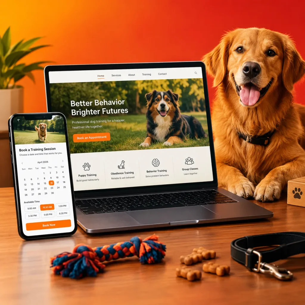 Dog training website and mobile booking app design displayed on laptop with a Golden Retriever- Dog Training Website Development Cost in USA (2026 Guide)