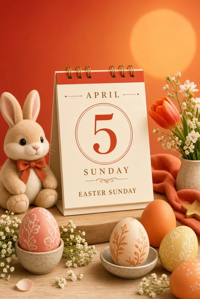 Modern calendar highlighting April 5 Easter Sunday with cute bunny, decorated Easter eggs, spring flowers and warm orange red festive setting- USA Events List 2026