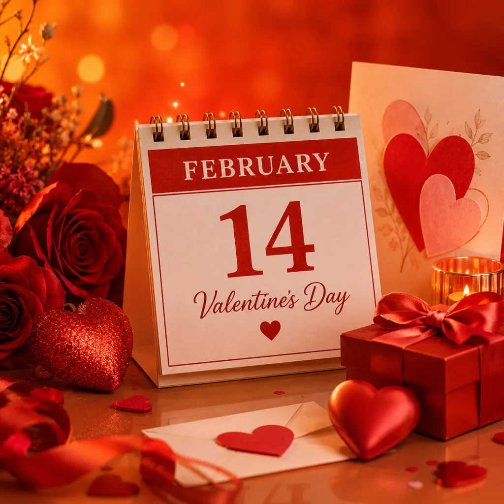 Elegant desk calendar showing February 14 Valentine’s Day surrounded by pink roses, red gift box, hearts and soft romantic decorations in warm orange red tones- USA Events List 2026