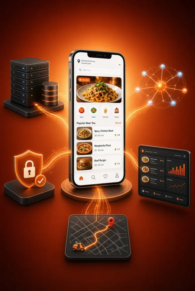 Modern smartphone showing a food ordering app interface surrounded by development cost, payments, delivery tracking, and technology infrastructure elements on an orange and red gradient background- Food Delivery App Development Cost in USA (2026)
