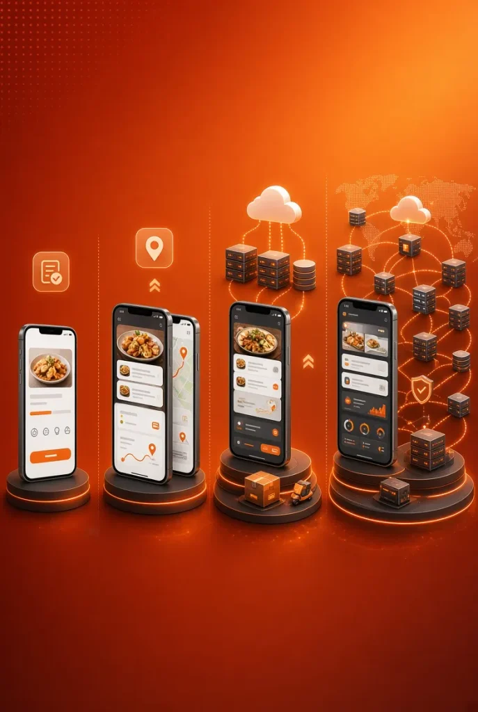 showing the progression of food delivery app development costs from basic MVP to multi-city enterprise platform with four increasing levels of smartphones and digital infrastructure on an orange red gradient background- Food Delivery App Development Cost in USA (2026)