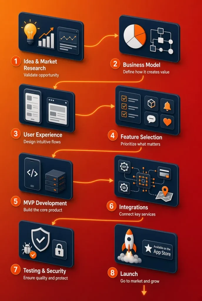 Clean professional infographic showing the 8-stage food delivery app development process from Idea & Market Research to Launch with connected visual flow- Food Delivery App Development Cost in UAE (2026)