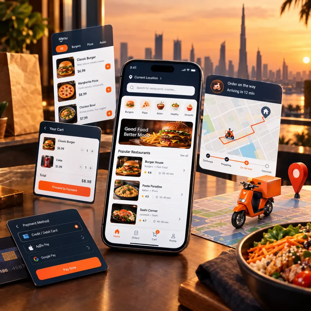 Food delivery app interface with restaurant listings, online payment, order tracking, GPS map, and delivery scooter in the UAE