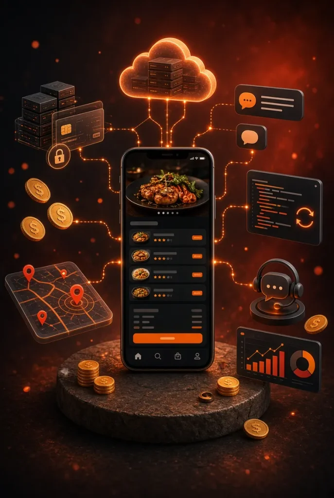 The ongoing costs of running a food delivery app after launch, including cloud hosting, payment processing, maps APIs, SMS notifications, maintenance, customer support, and marketing around a central smartphone- Food Delivery App Development Cost in USA (2026)