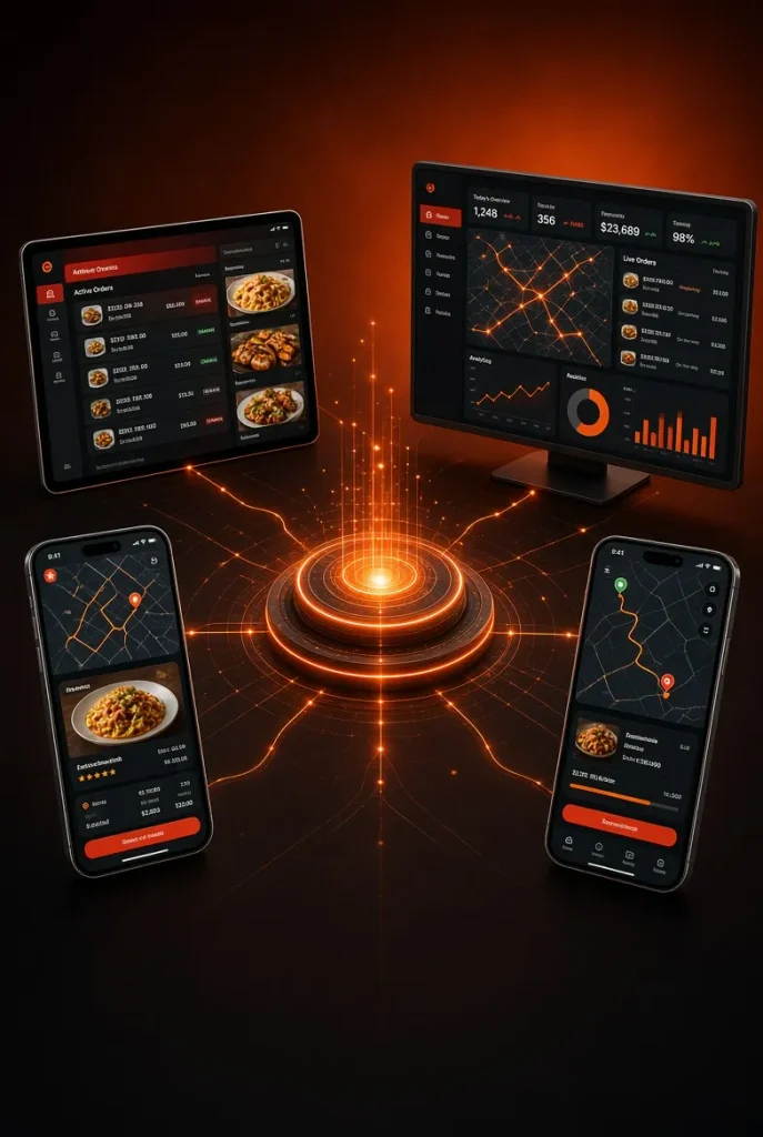 Four connected systems of a modern food delivery platform — customer mobile app, restaurant management panel, driver app, and admin dashboard — linked through a central digital hub with data flows- Food Delivery App Development Cost in USA (2026)