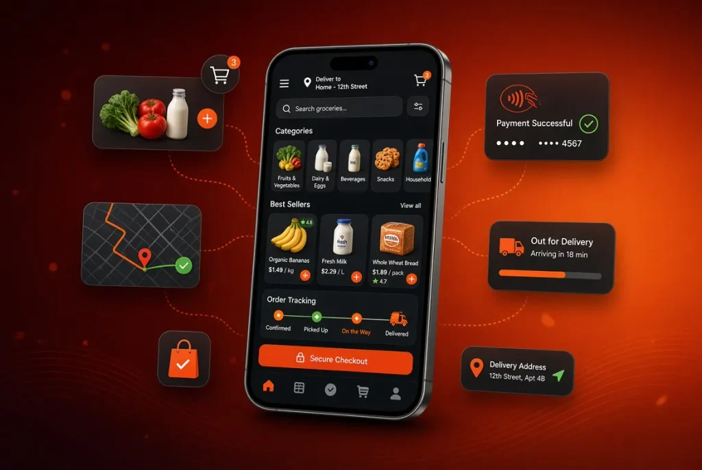 Grocery app development cost in 2026 with shopping, checkout, payment, and delivery features- Grocery App Development Cost