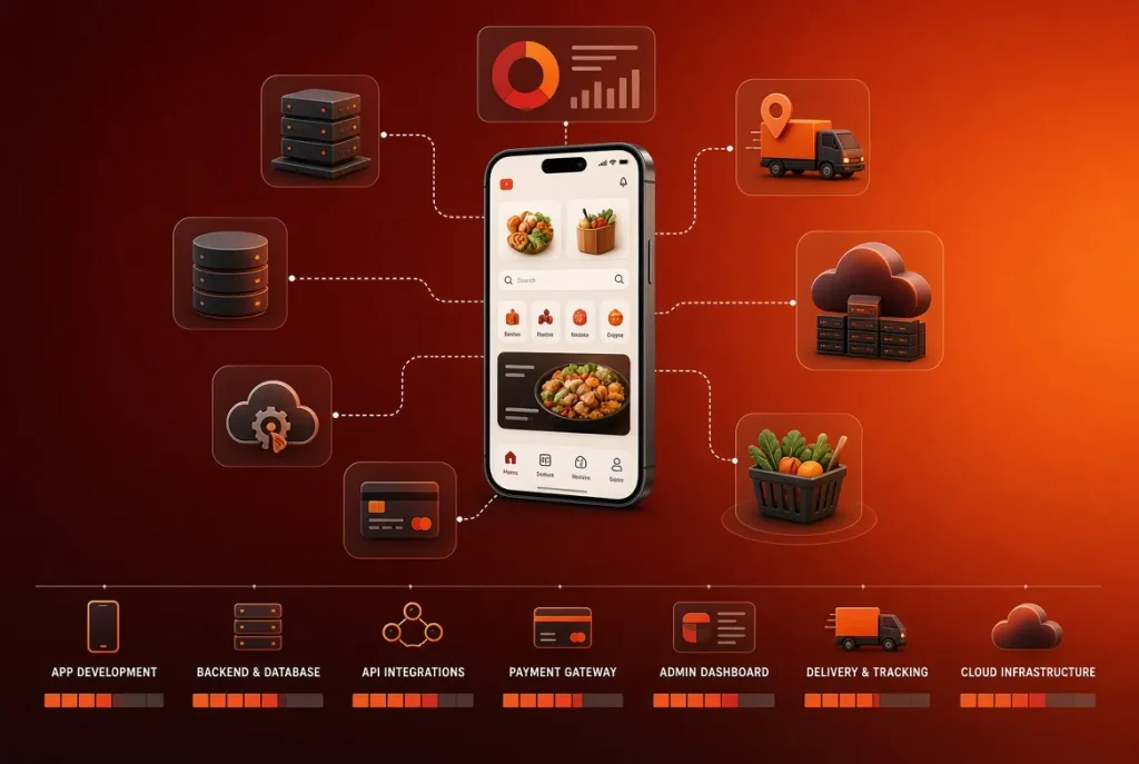 Core grocery mobile app features including product catalog, shopping cart, checkout, payments, and delivery tracking- Grocery App Development Cost