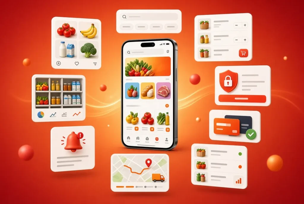 Key factors affecting grocery app development cost including features, inventory, dashboards, and integrations- Grocery App Development Cost