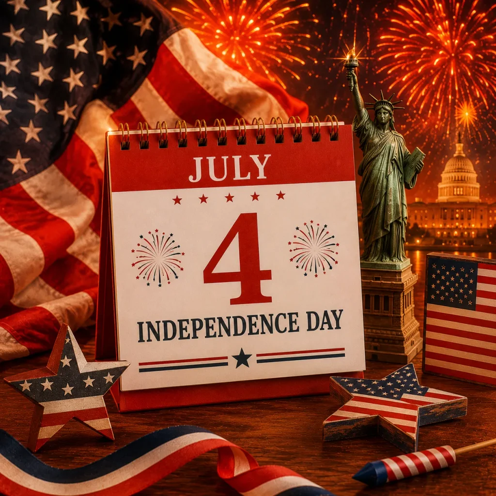 Independence Day in the USA with American flag, fireworks, and July 4 calendar- USA Events List 2026