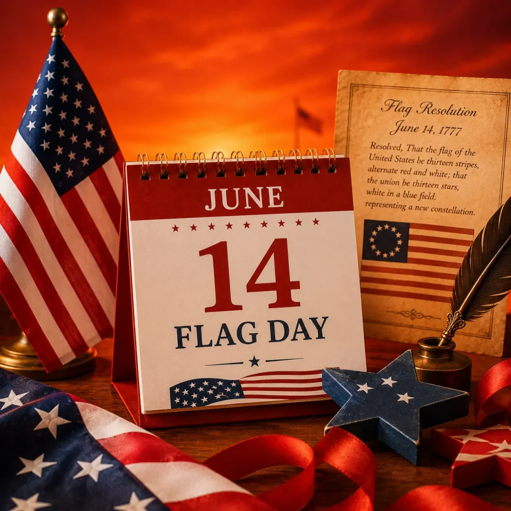Flag Day in the USA with American flag and June 14 calendar- USA Events List 2026