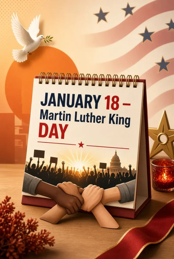 Stylish calendar highlighting January 18 Martin Luther King Day with dove, unity hands, peaceful community silhouette and American stars in warm orange red theme- USA Events List 2026