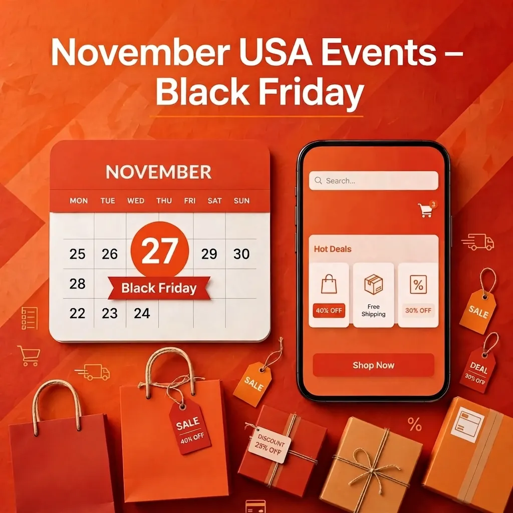 Modern energetic blog image for November USA Events Black Friday featuring shopping bags, gift boxes, discount tags, sale icons and smartphone shopping interface with calendar highlighting November 27 Black Friday in bold orange and red theme- USA Events List 2026