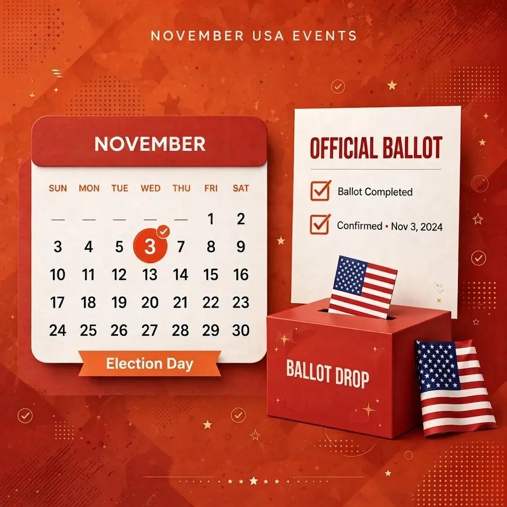 Professional blog image for November USA Events Election Day showing ballot box, ballot paper, checkmark and US flag accents with calendar highlighting November 3 Election Day in bold orange and red premium theme- USA Events List 2026