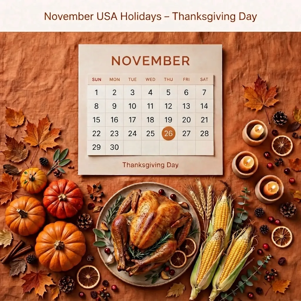 Warm festive blog image for November USA Holidays Thanksgiving Day showing roasted turkey, pumpkins, autumn leaves, candles and harvest decorations with calendar highlighting November 26 Thanksgiving Day- USA Events List 2026