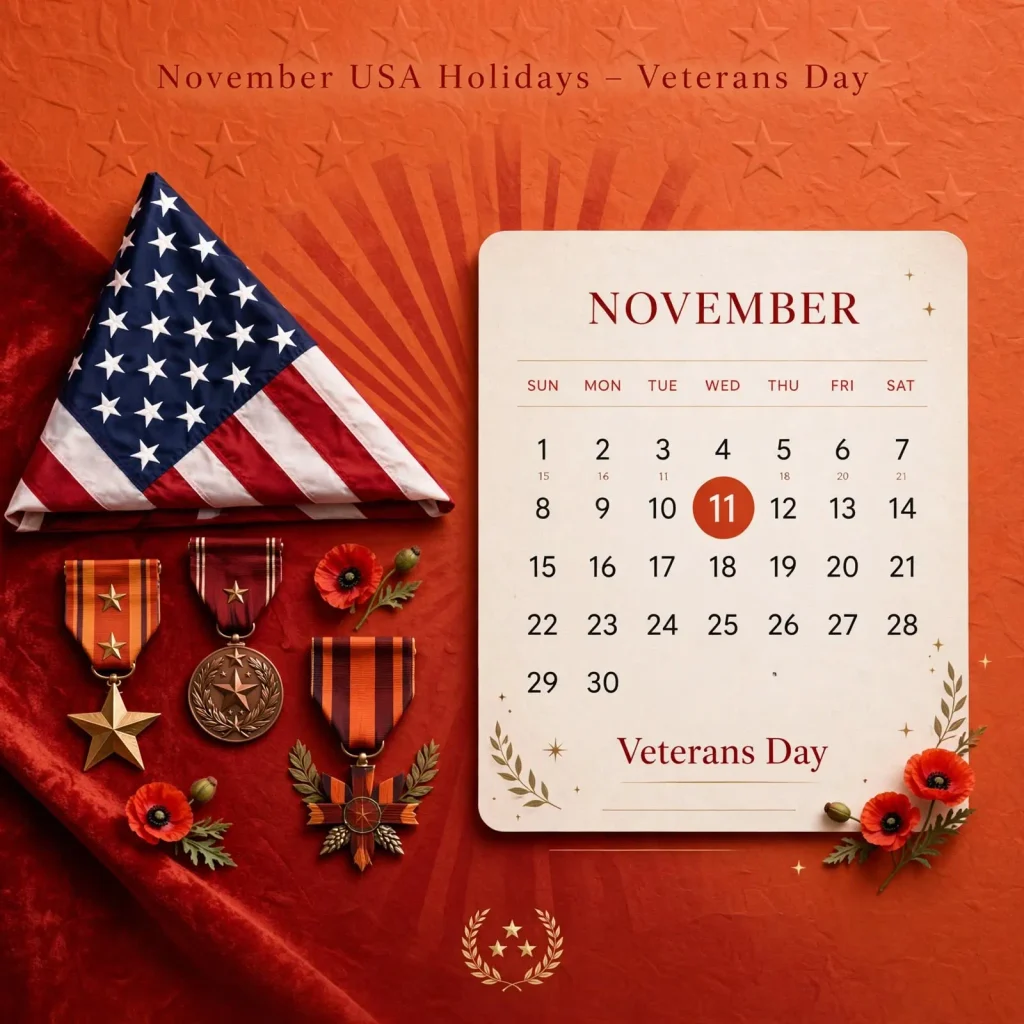Respectful patriotic blog image for November USA Holidays Veterans Day featuring folded US flag, military medals, poppy and stars with calendar highlighting November 11 Veterans Day in orange and red premium style- USA Events List 2026