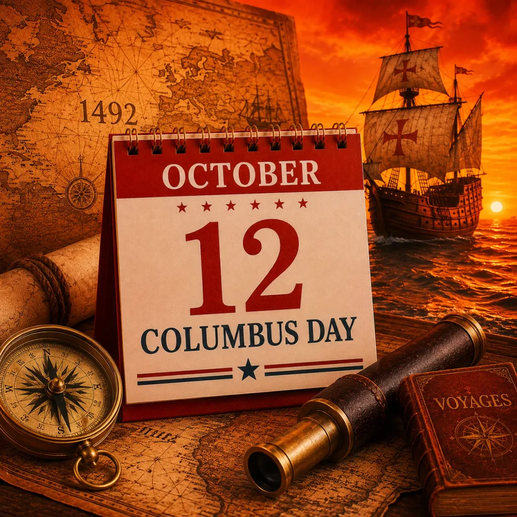Columbus Day in the USA with historic sailing ship and October 12 calendar- USA Events List 2026