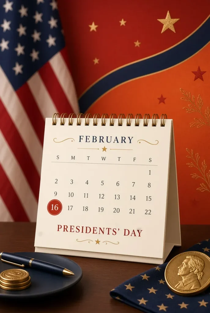 Professional calendar highlighting February 16 Presidents Day with American flag, stars, gold presidential coin and patriotic elements in bold orange and red theme- USA Events List 2026