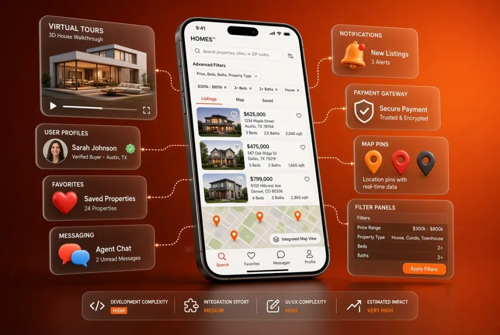Real estate app development cost by feature - real estate app development cost