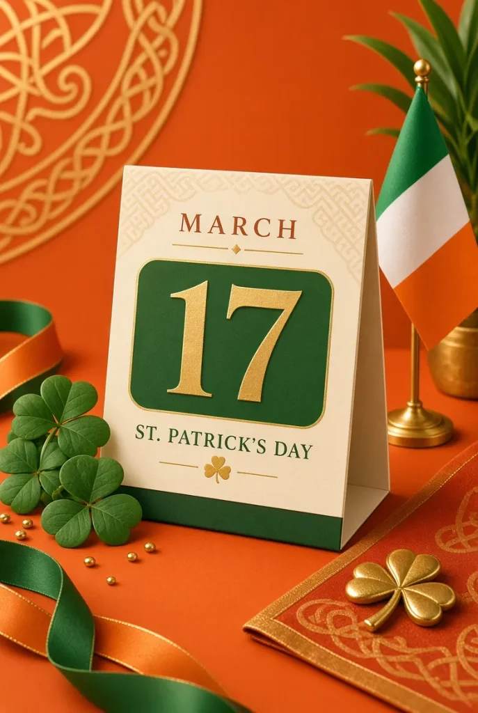 Clean desk calendar showing March 17 St. Patrick’s Day with green shamrocks, Irish flag, golden Celtic patterns and festive decorations on vibrant orange background- USA Events List 2026
