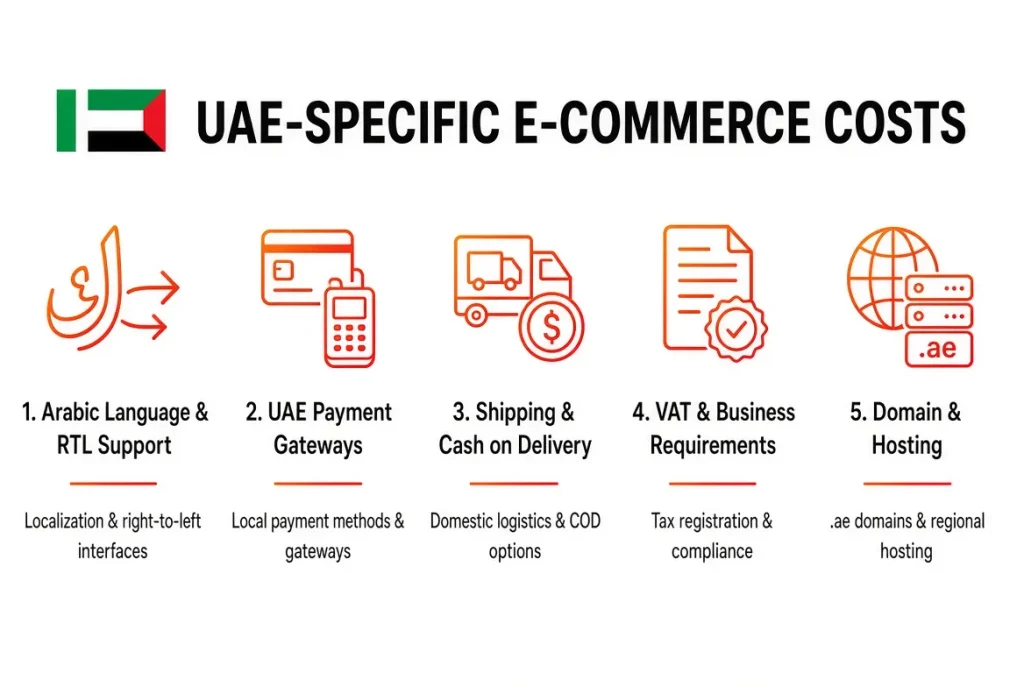 UAE e-commerce website costs for Arabic language support, payment gateways, delivery and VAT considerations.