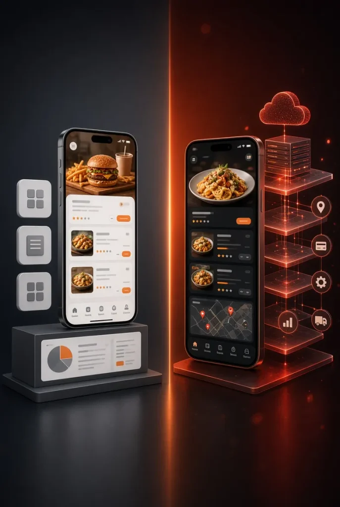 Side-by-side comparison of a ready-made white-label food delivery solution versus a fully custom-built scalable application, shown with smartphones and software interfaces on an orange and red gradient background- Food Delivery App Development Cost in USA (2026)