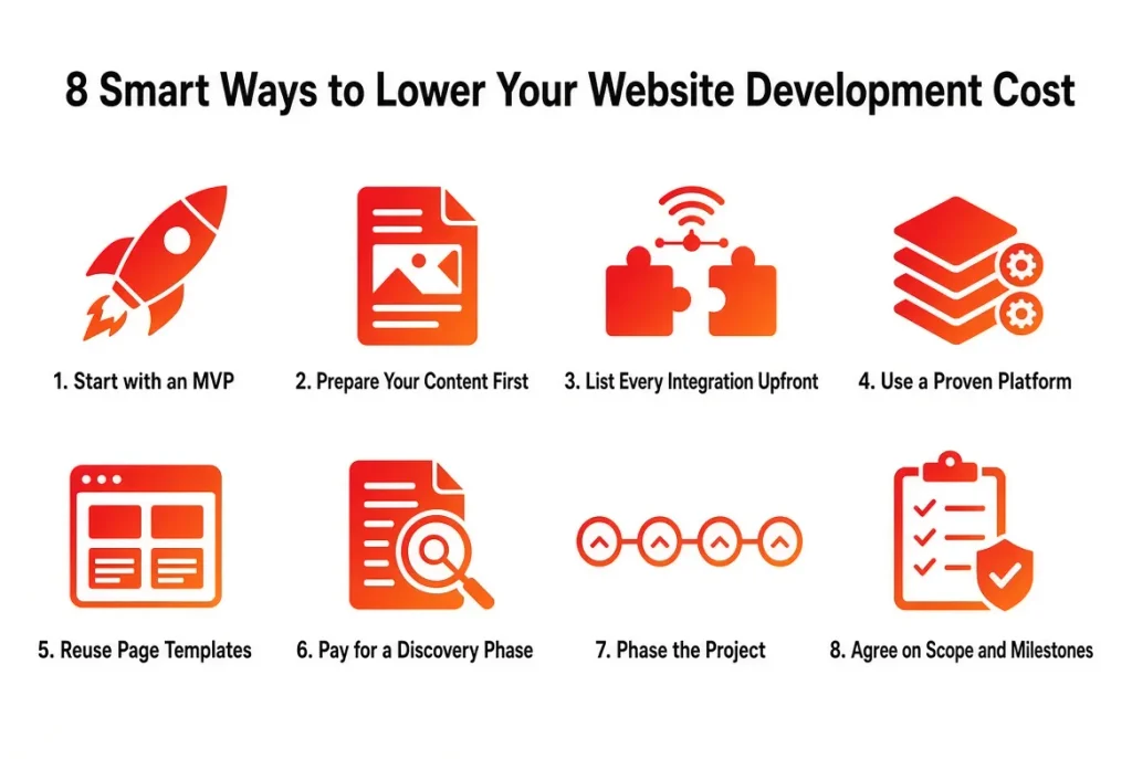 8 smart ways to lower website development costs, including starting with an MVP, preparing content, planning integrations, reusing templates, and defining project milestones.