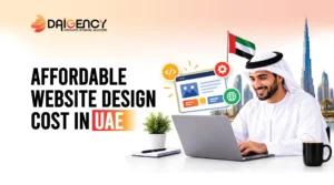 Titled "Affordable Website Design Cost in UAE" with the UAE flag and Dubai skyline in the background.