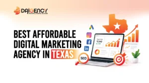 Best Affordable Digital Marketing Agency in Texas - Daigency promo banner featuring laptop, marketing icons, and Texas map outline.