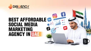 Best affordable social media marketing agency in UAE banner by Daigency featuring an Emirati professional working on a laptop.