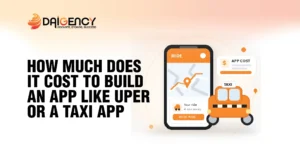 "How much does it cost to build an app like Uber or a taxi app" alongside an illustration of a smartphone displaying a map interface and a orange taxi car icon.