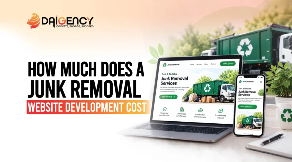 "How much does a junk removal website development cost?" featuring a laptop and smartphone displaying a junk removal website alongside a junk removal truck background.