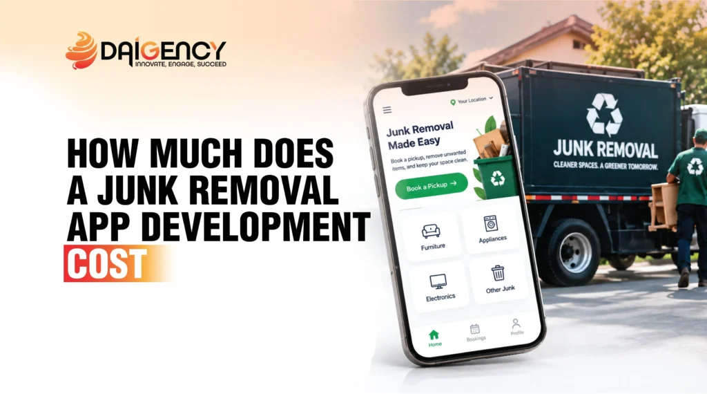 "How much does a junk removal app development cost?" featuring a smartphone displaying a junk removal app and a junk removal truck in the background.