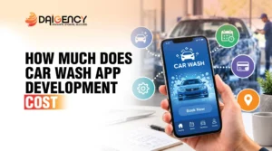 Car wash app development cost breakdown banner featuring a smartphone displaying a car washing booking app