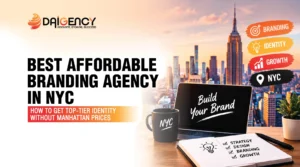 Daigency banner display featuring text about branding agency services in NYC, set against a workspace layout with a laptop, notebook, and the New York City skyline.