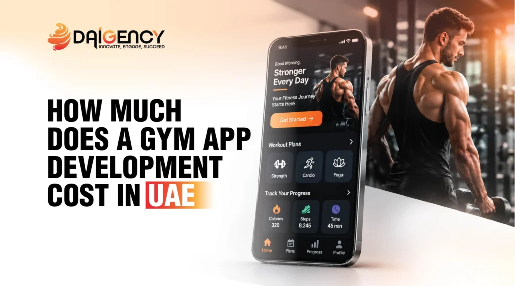"How Much Does a Gym App Development Cost in UAE?" featuring a smartphone displaying a fitness application alongside a muscular person training in a gym.