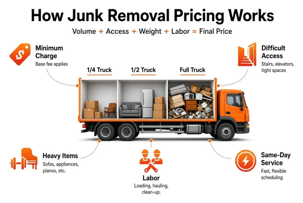 Junk removal pricing guide showing truck load size and factors that affect removal costs