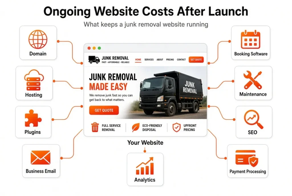Ongoing junk removal website costs including hosting, maintenance, SEO, booking software, and domain