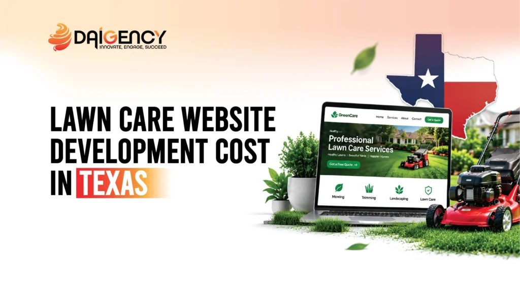 Lawn care website development cost in Texas thumbnail featuring website design and lawn maintenance services.